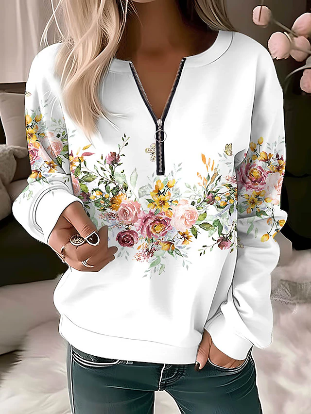 Women's Quarter Zipper Sweater Pullover Floral Butterfly Casual Sports Quarter Denim Blue White Navy Blue Elegant Vintage Fashion Half Long Sleeve Top Comfrt Breathable Soft Fabric 7