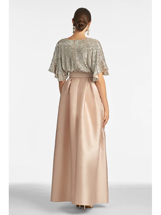 A-Line Evening Gown Sparkle & Shine Dress Formal Wedding Guest Ankle Length Half Sleeve V Neck Satin with Glitter Pleats 2025 main image 0