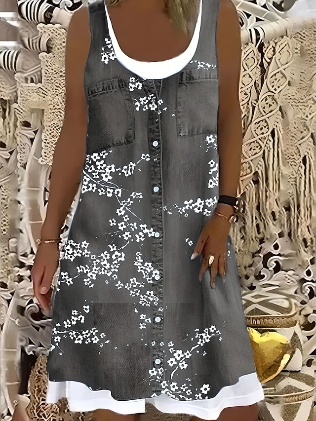 Women's Shift Dress Midi Dress Gray Sleeveless Floral Fake two piece ...