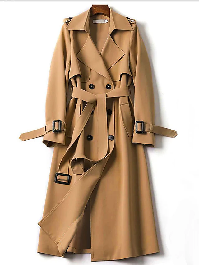 Women's Trench Coat Fall Double Breasted Lapel Long Coat with Belt Winter Warm Windproof Jacket with Pockets Maillard Black Blue Camel Beige Daily S M L XL XXL 3XL 12