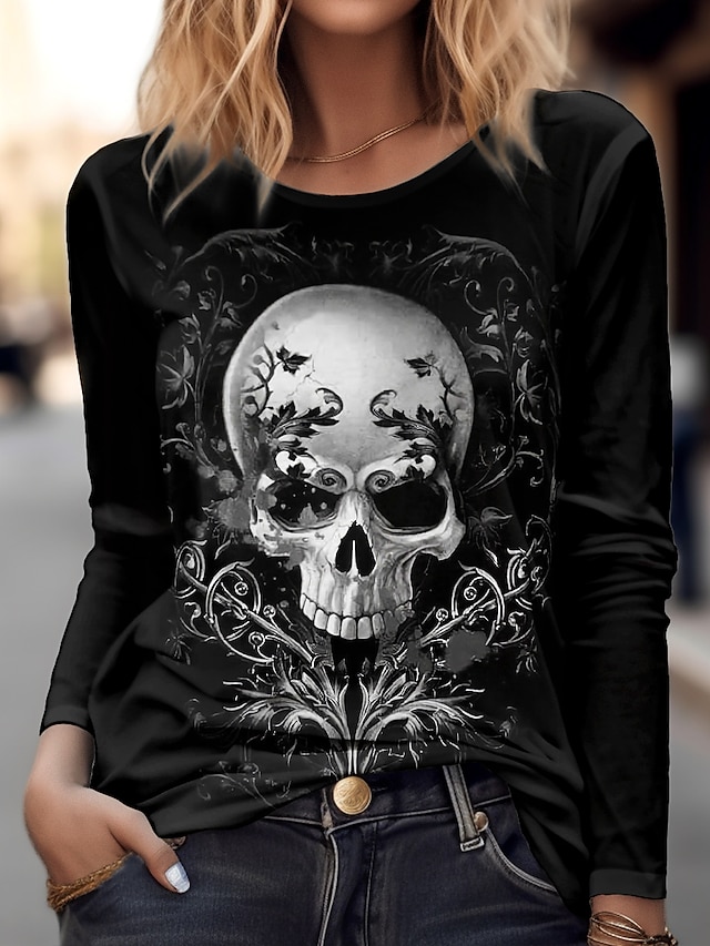  Women's T shirt Tee Halloween Shirt Skull Halloween Weekend Print Black Long Sleeve Daily Basic Round Neck Fall & Winter