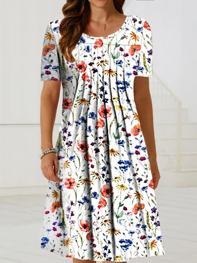 Womens Casual Dress Floral Dress Midi Dress White Short Sleeve Floral Ruched Spring Summer Crew