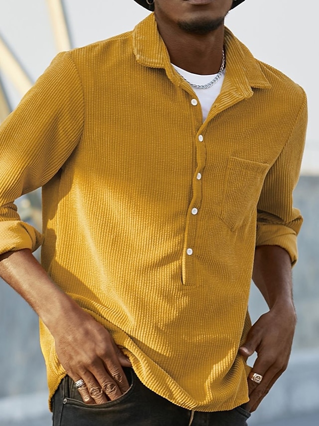  Men's Popover Shirt Casual Shirt Corduroy Shirt Overshirt Black Yellow Red Long Sleeve Plain Collar Daily Clothing Apparel