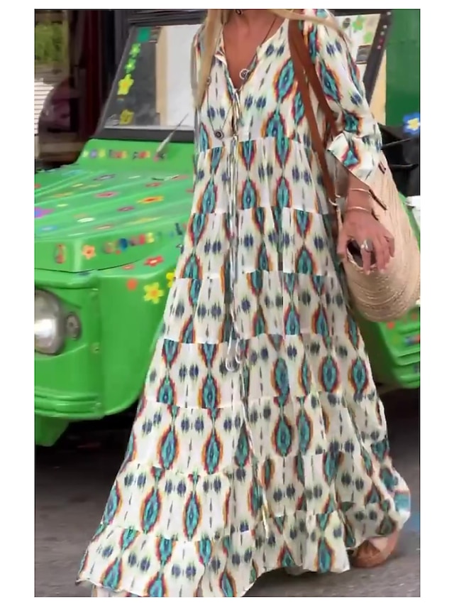  Damen kleid lang Casual kleid Schaukelkleid Kleid drucken Batik Feder Modisch Modern Outdoor Täglich Festtage Rüsche Patchwork Langarm V Ausschnitt Kleid Regular Fit Blau Himmelblau Purpur Sommer