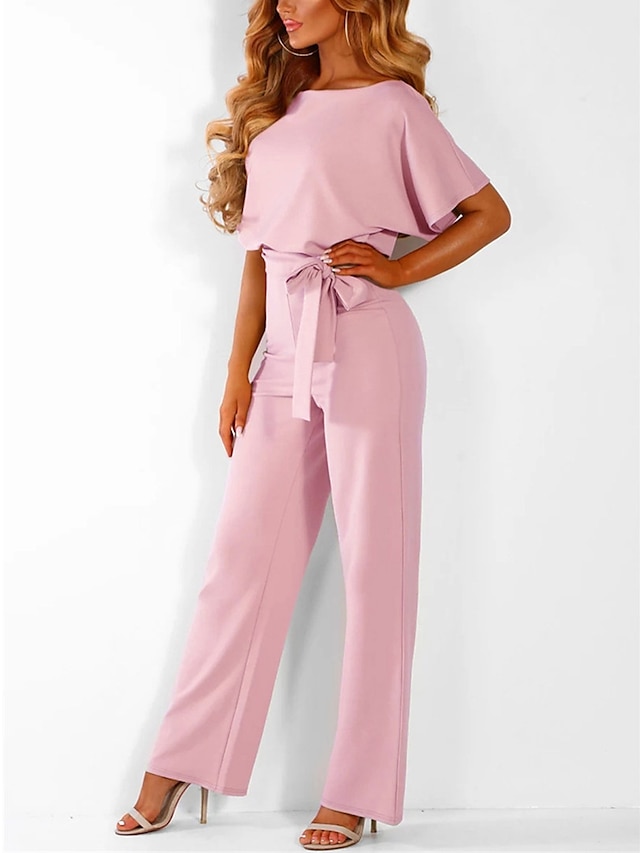  női jumpsuit elegáns öves derék piros széles szárú kerek nyakú rövid ujjú egyszínű party munka alkalmi tavaszi nyári ruházat ruházat