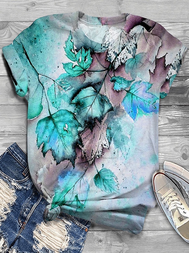  Women's T Shirt Basic Leaf Print Short Sleeve Regular Tops Round Neck Daily Weekend Pink Red Blue Purple Orange
