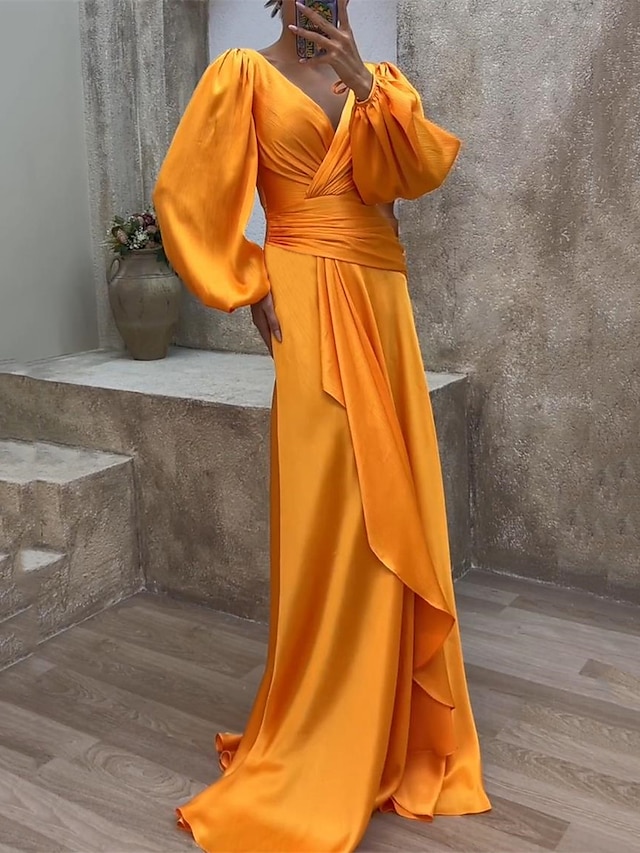  Dame Sort kjole Festkjole Satin kjole Flerlags V-hals Langærmet Orange Forår Vinter