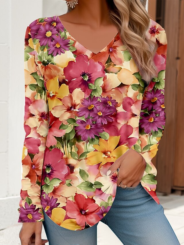 Women's T Shirt V Neck Long Sleeve Tunic Floral Basic Neon & Bright Regular Tops Daily Weekend Print Red Blue Purple Green 5