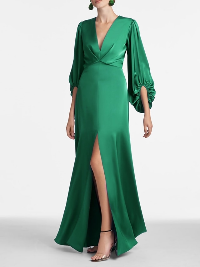 Green Satin Formal ALine Long Sleeve Evening Gown Party Dress High