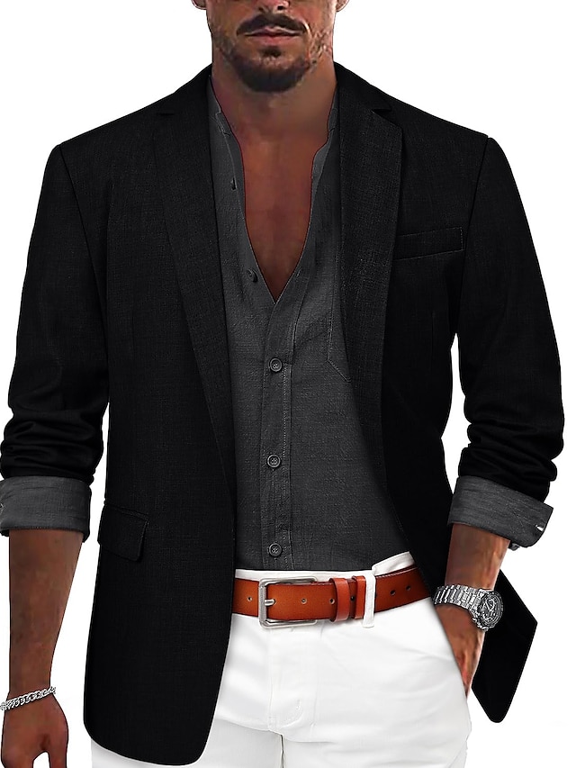  Voor heren Sportjas Linnen blazer Modieus Casual Effen Linnen blazer Leger groen Zwart blauw Getailleerd Single Breasted een knoops