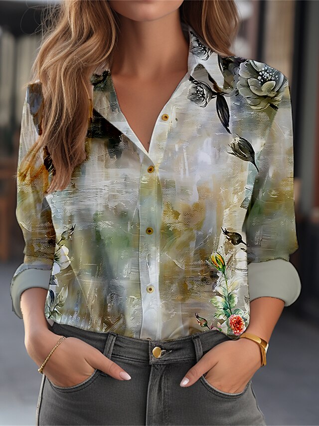 Women's Shirt Blouse Floral Green Print Button Long Sleeve Casual ...