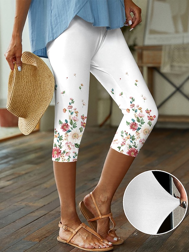  Women's Shapewear Capri Pants Print Designer High Rise Capris Rose+White Spring, Fall, Winter, Summer