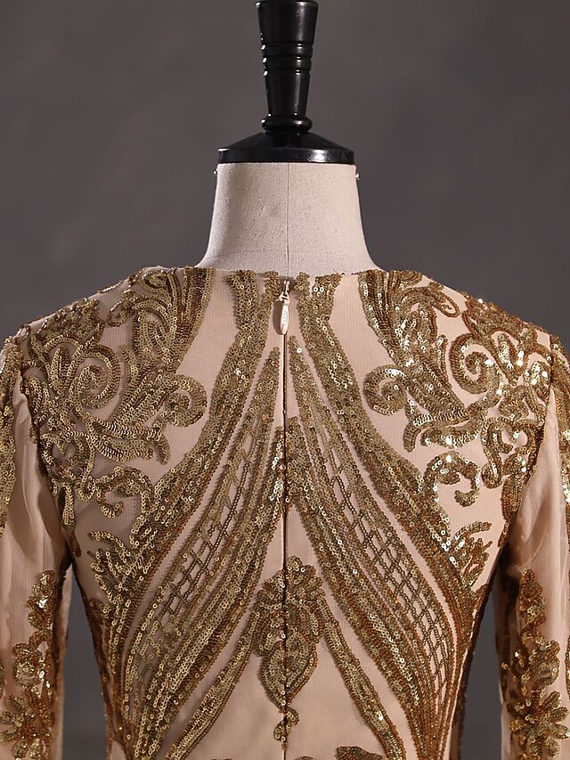 Plus Sequin Long Sleeve V-Neck Formal Dress, Satin Mermaid Train Evening Gown