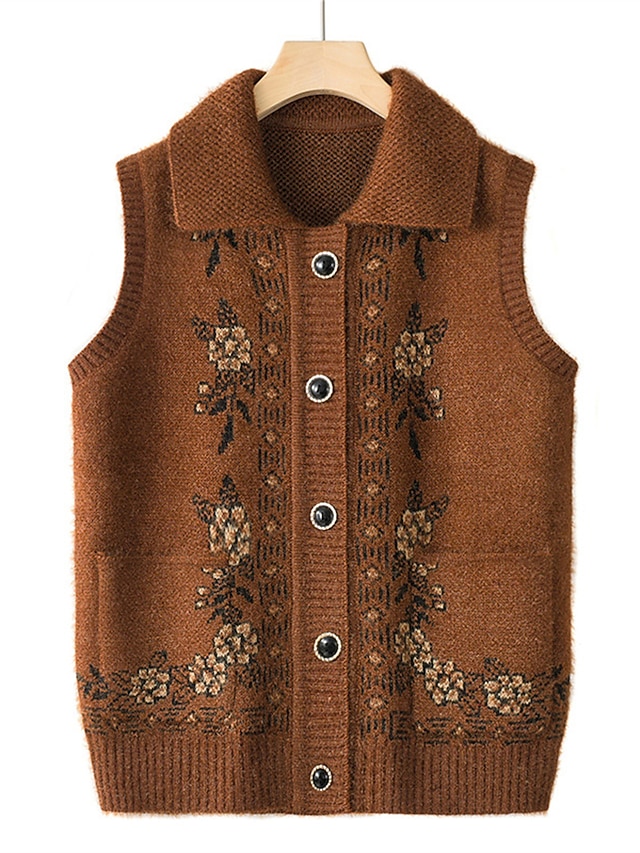 Women's Sweater Vest Shirt Collar Ribbed Knit Polyester Button Pocket