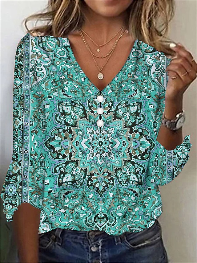  Mujer Camiseta Henley Shirt Floral Cosecha Étnico Diario Básico Manga 3/4 Escote en Pico Tops regulares Festivos Fin de semana Botones Estampado Rojo Morado Verde Trébol Caqui Gris Otoño invierno