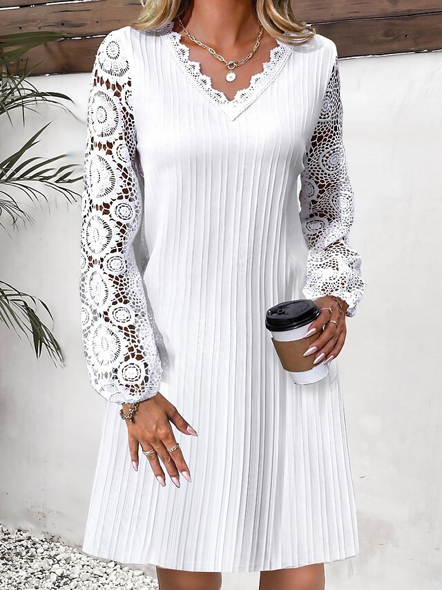 Women's Casual Dress Lace Dress White Dress Midi Dress Lace Ruched ...