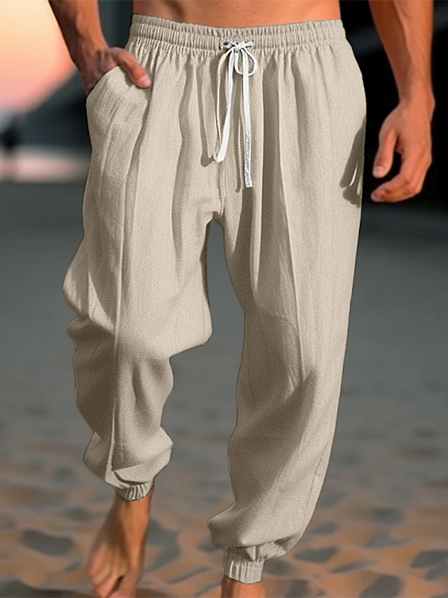 Men's Linen Pants Trousers Summer Pants Beach Pants Drawstring Elastic ...