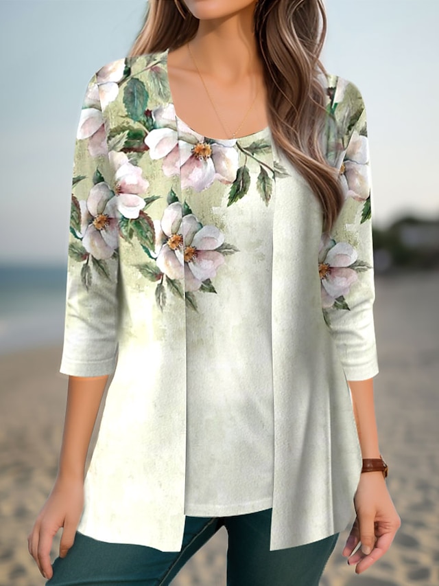  Women's T shirt Tee Floral Print Daily Weekend Basic Long Sleeve Round Neck Yellow Spring &  Fall