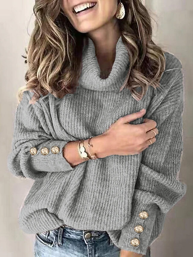 Women's Pullover Sweater Jumper Turtleneck Chunky Knit Polyester Button ...