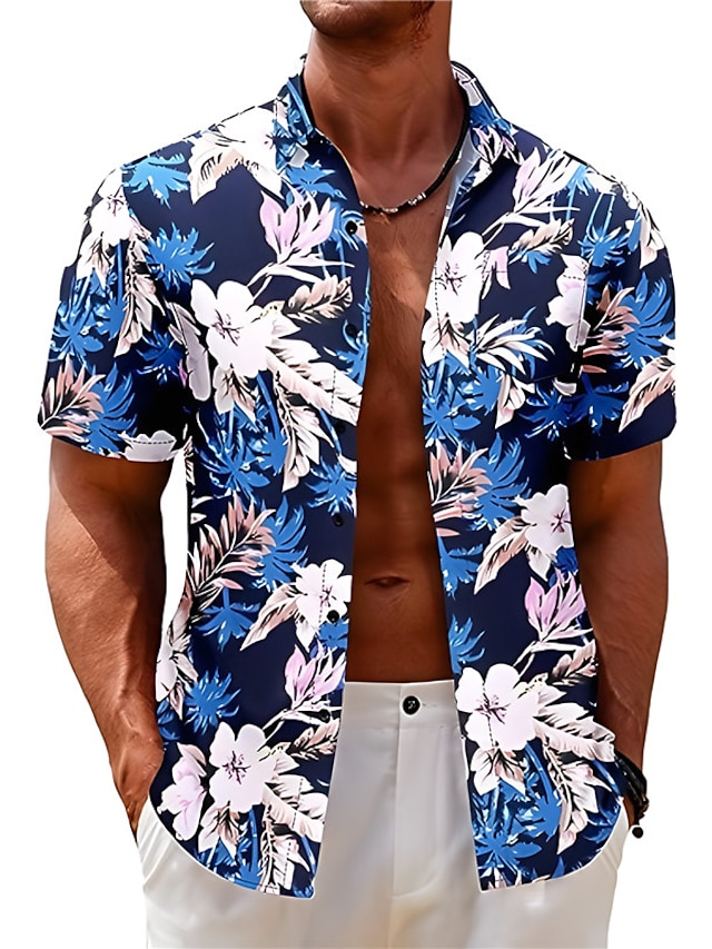  Bărbați Cămașă Cămașă hawaiană Floral Imprimeu Grafic Răsfrânt Negru Galben Roșu-aprins Bleumarin Bleumarin În aer liber Stradă Mânecă scurtă Imprimeu Îmbrăcăminte Modă Designer Casual Moale