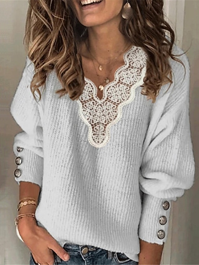 Women's Pullover Sweater Jumper V Neck Ribbed Knit Polyester Lace Trims ...