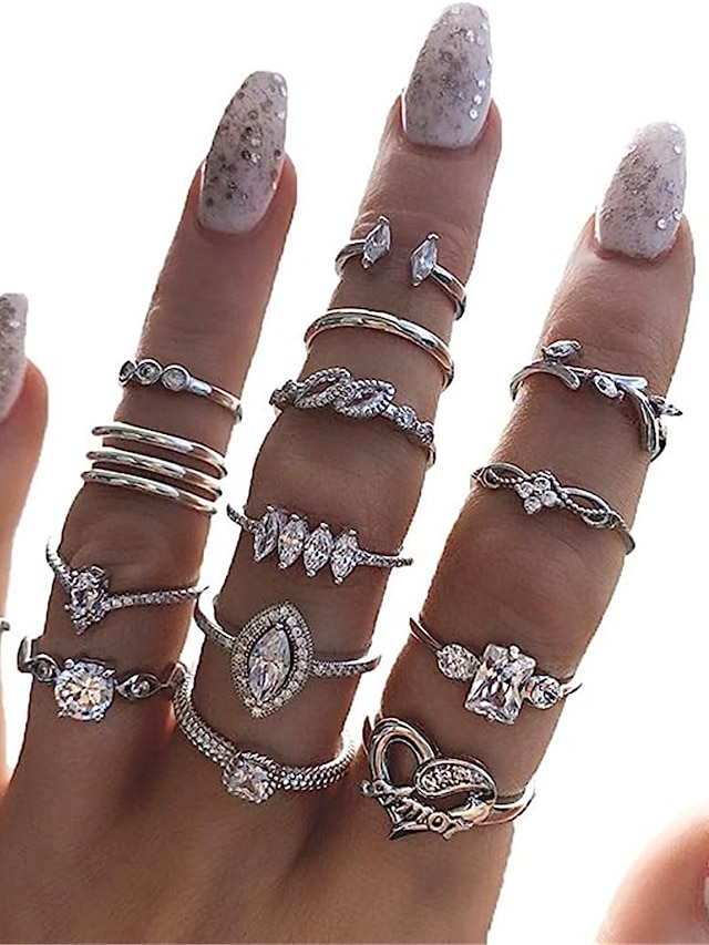  15 pcs per set Knuckle Stacking Rings Set for Women Crystal Rhinestone Finger Statement Ring Sets Vintage Joint Knot Mid Rings for Teen Girls Stackable Rings