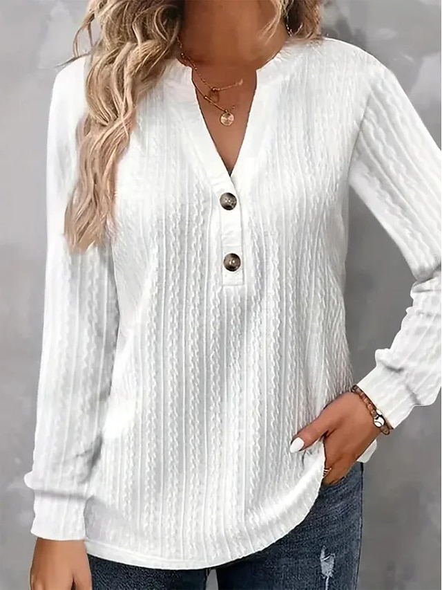  Damen Hemd Bluse Strukturiert Glatt Taste Casual Elegant Modisch Basic Langarm V Ausschnitt Weiß Frühling & Herbst