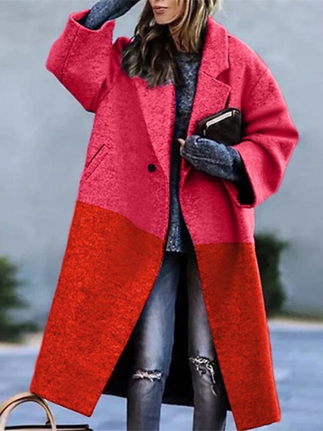  Women's Winter Coat Long Overcoat Single Breasted Lapel Trench Coat with Pockets Thermal Warm Heated Coat Windproof Oversized Outerwear Long Sleeve Fall Pink Red