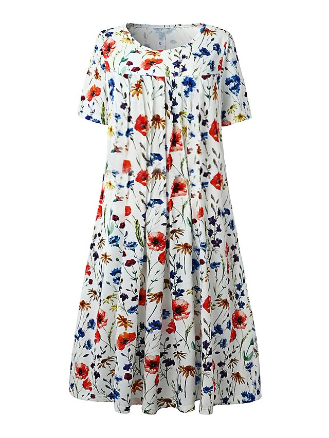 Women's Casual Dress Floral Dress Midi Dress White Short Sleeve Floral ...