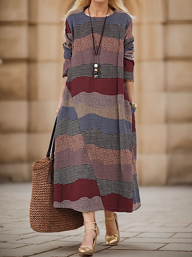  Women's Casual Dress Cotton Linen Dress Loose Dress Maxi Dress Cotton Linen Print Basic Classic Daily Vacation Crew Neck Long Sleeve Spring Fall Winter Wine Brown Striped