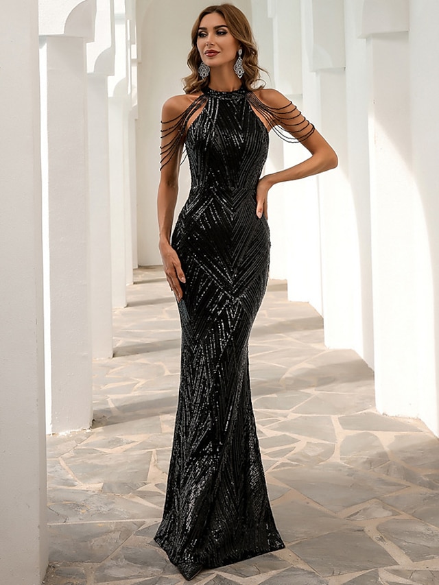  Mermaid / Trumpet Wedding Guest Dresses Sparkle & Shine Dress Halloween Evening Party Floor Length Sleeveless High Neck Sequined with Fringe Beading 2024