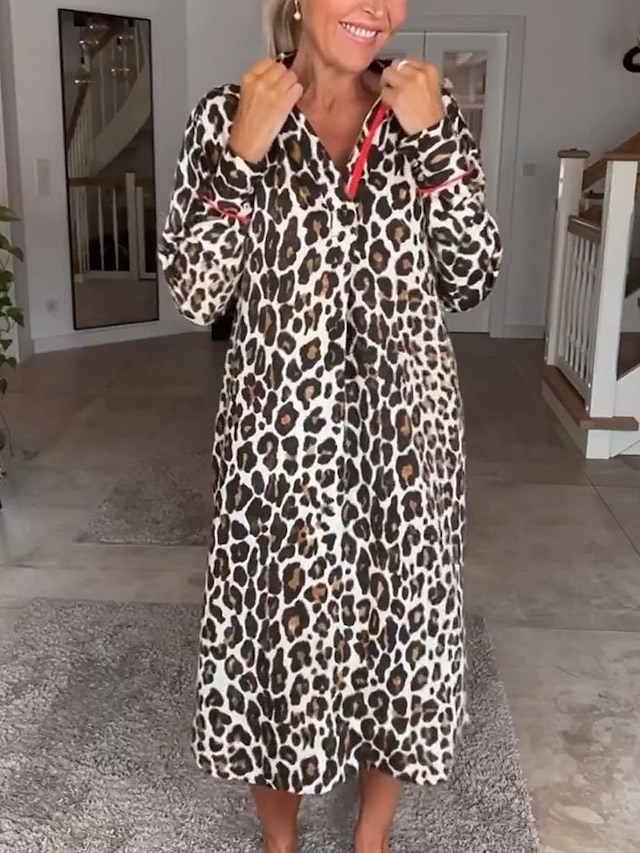 Mulheres Leopardo Botão Imprimir Colarinho de Camisa Vestido midi Diário Férias Manga Longa Verão Primavera