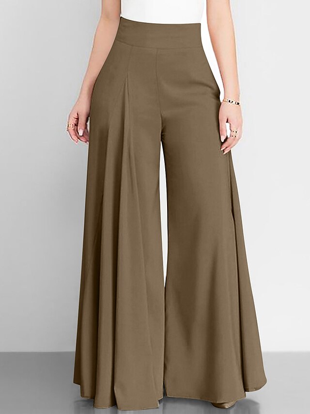 Women's Wide Leg Pants Trousers Pocket High Cut High Waist Full Length ...