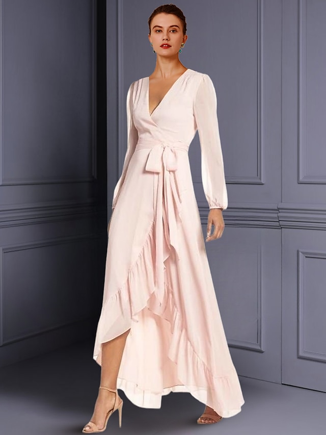  A-Line Mother of the Bride Dress Wedding Guest Elegant High Low V Neck Asymmetrical Tea Length Chiffon Long Sleeve with Ruched Split Front 2024