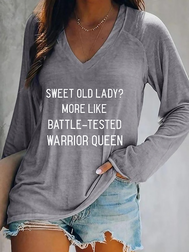  Women's T shirt Tee Text Daily Weekend Print Gray Long Sleeve Basic V Neck Fall & Winter