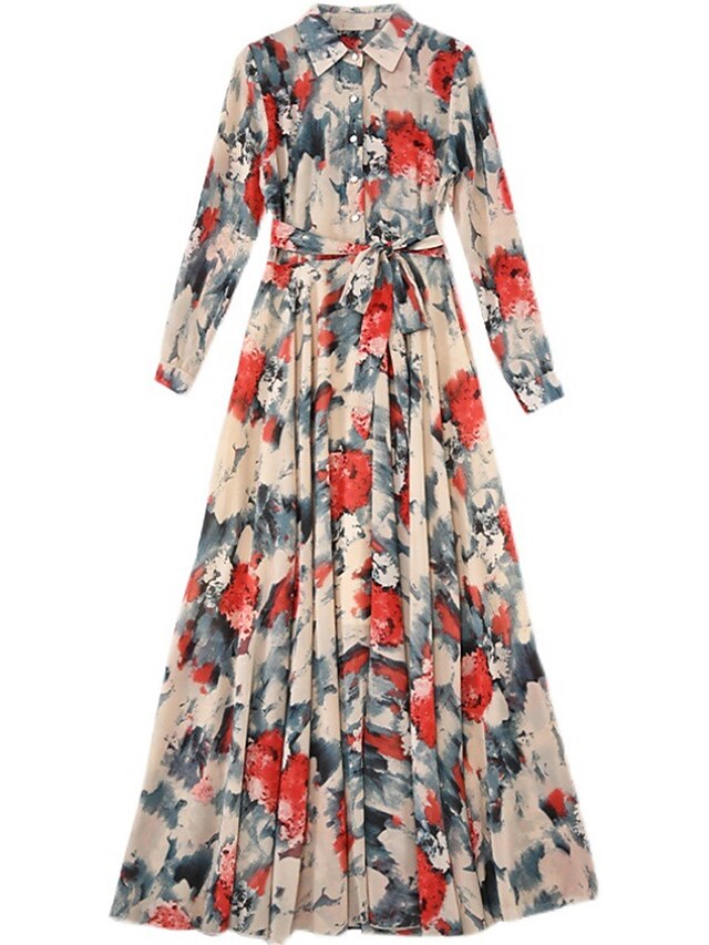 Women's Chiffon Swing Dress Floral Button Print Shirt Collar Long Dress