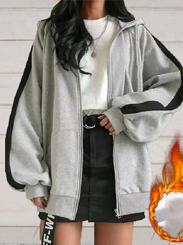  Women's Hoodied Jacket Fall Fleece Lined Sport Hoodie Drawstring Zipper Sweatshirt Warm Windproof Winter Coat Streetwear Outerwear Long Sleeve Grey S