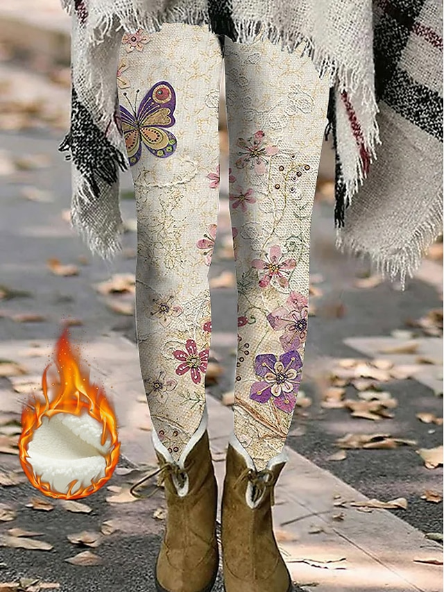  Naisten Leggingsit Mukavat leggingsit Muoti Pehmeä Täyspitkä Luonnollinen Kukka Perhonen Painettu Pidä lämpimänä Mukava Mikrojoustava Loma Päivittäin Vaalea harmaa Valkoinen+vaaleanpunainen Tumman