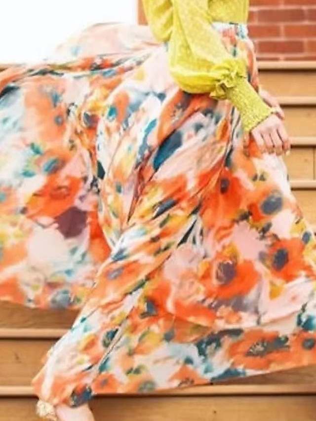  Mujer Falda Columpio Maxi Alta cintura Faldas Plisado Estampado Floral Calle Diario Verano Algodón Poliéster Moda Casual Violeta Amarillo Naranja
