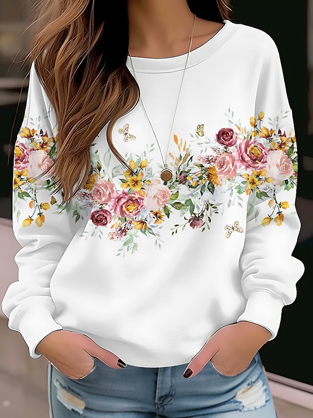  Women's Sweatshirt Pullover Floral Cat Street Casual White Red Blue Vintage Sports Basic Round Neck Long Sleeve Top Micro-elastic Fall & Winter