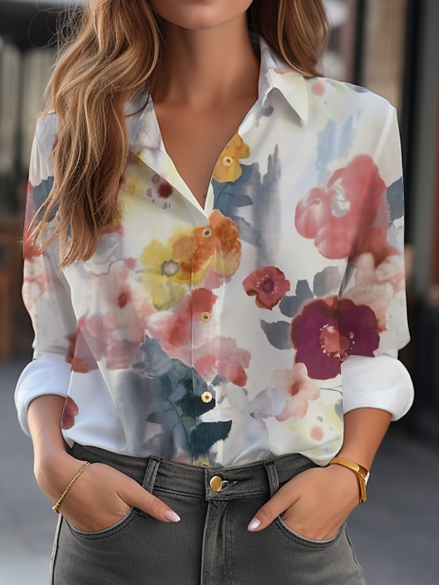  Women's Shirt Blouse Floral Button Print Casual Holiday Elegant Fashion Daily Long Sleeve Shirt Collar White Fall & Winter