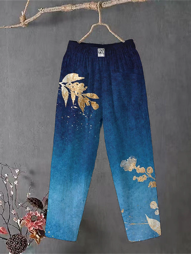 Women's Cotton Linen Pants Slacks Baggy Pants Comfort Chino Ankle-Length Medium Waist Flower Pocket Baggy Print Breathability Micro-elastic Outdoor Daily Navy Dark Pink Regency Green All Seasons 8