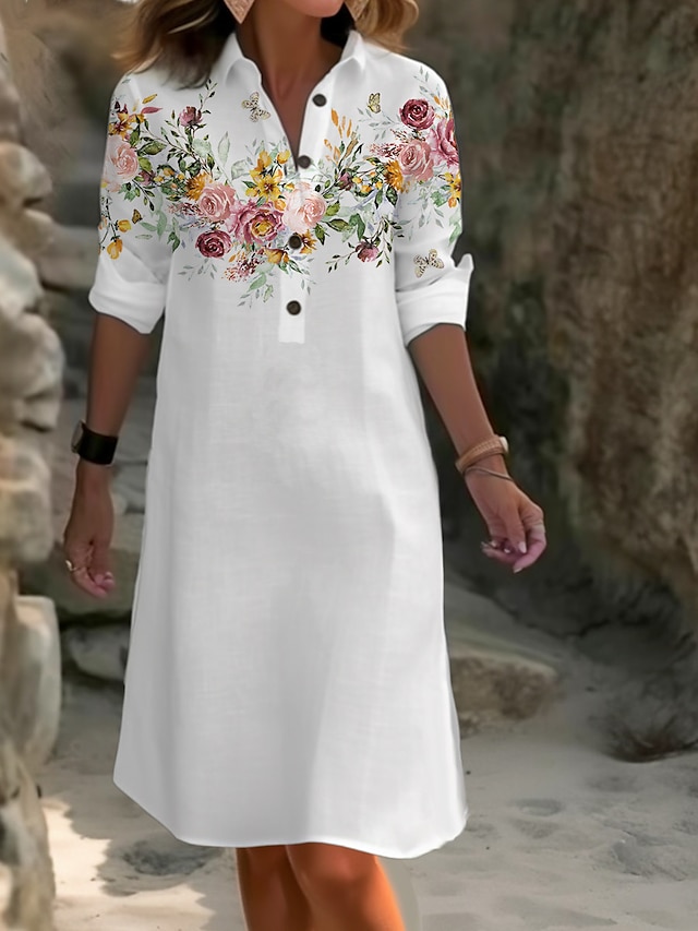  Γυναικεία Φόρεμα πουκαμίσα Καθημερινό φόρεμα Φόρεμα από βαμβακερό λινό Μίντι φόρεμα Κουμπί Τσέπη Καθημερινά Διακοπές Κολάρο Πουκαμίσου Μακρυμάνικο Καλοκαίρι Άνοιξη Φθινόπωρο Λευκό Βαθυγάλαζο Φλοράλ