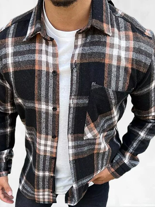  Men's Shirt Button Up Shirt Flannel Shirt Plaid Shirt Overshirt Shacket Black Long Sleeve Plaid / Check Lapel Spring &  Fall Outdoor Daily Wear Clothing Apparel Front Pocket