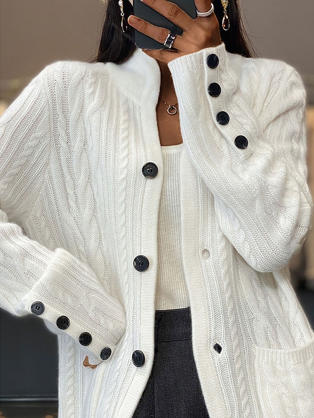  Women's Cardigan Sweater V Neck Cable Knit Polyester Button Pocket Fall Winter Short Daily Going out Weekend Stylish Casual Soft Long Sleeve Solid Color White Camel Brown S M L