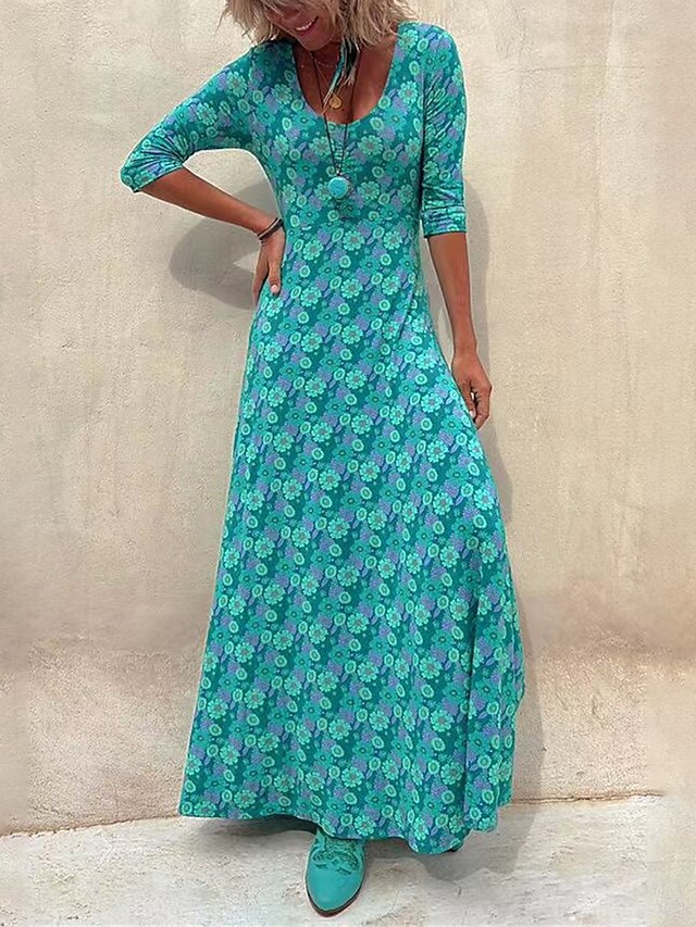 Women's Winter Dress Floral Print V Neck Long Dress Maxi Dress Daily