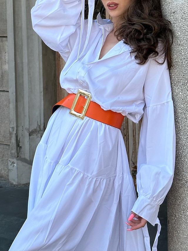 Women's White Dress Shirt Dress Casual Dress Maxi long Dress Outdoor ...