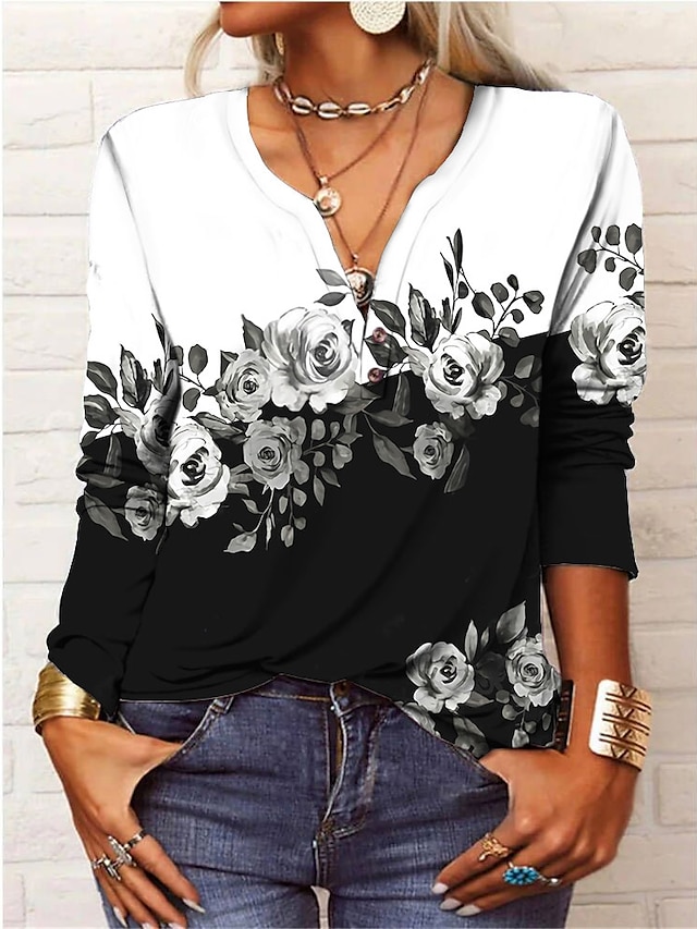 Women's T shirt Tee Floral Button Print Holiday Weekend Daily Basic ...