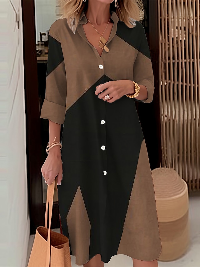  Femme Robe chemise Robe casual Bloc de couleur Imprimer Col de Chemise Robe mi-longue du quotidien Rendez-vous manche longue Automne Hiver