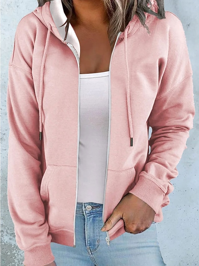  Damen Übergroße Zip -up -Hoodie Sweatshirt Feste Farbe Casual Sport Kordelzug Reißverschluss Vordertasche Schwarz Gelb Rosa Aktiv Sportbekleidung Neon und Hell Kapuzenpullover Langarm Oberteil